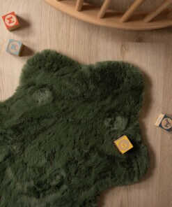 Kids rug sheep - Fluffy olive green - close up, thumbnail