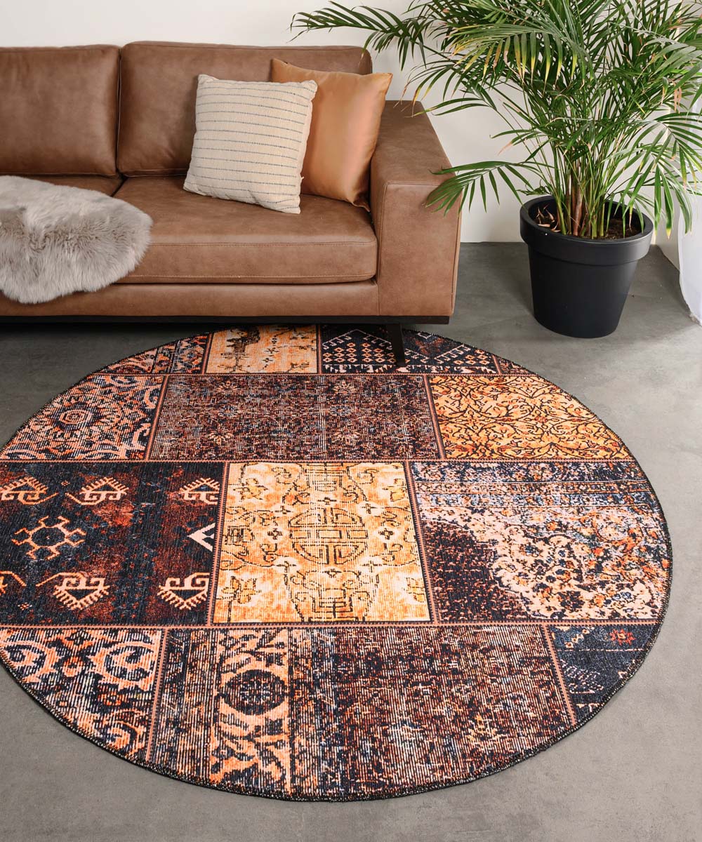Patchwork round rug - Fade No.1 gold/brown - sfeer Patchwork round rug - Fade No.1 gold/brown - sfeer