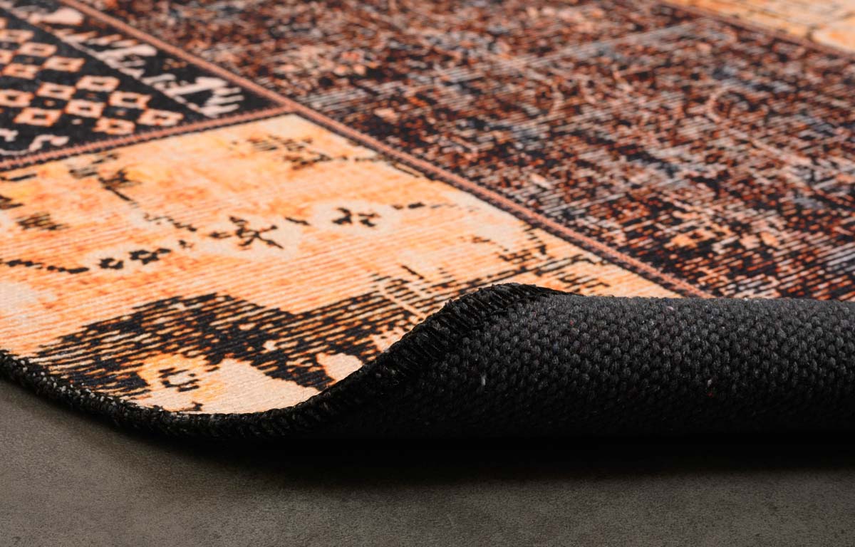 Patchwork round rug - Fade No.1 gold/brown - close up vouw Patchwork round rug - Fade No.1 gold/brown - close up vouw