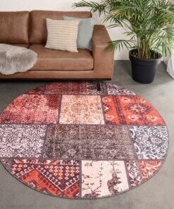 Patchwork round rug​ - Fade No.1 red/multi - sfeer
