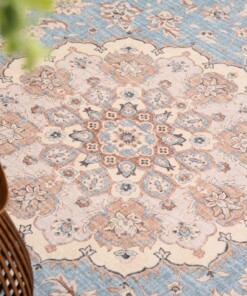 Oval outdoor rug vintage - Valenca Nova light blue/beige - close up, thumbnail