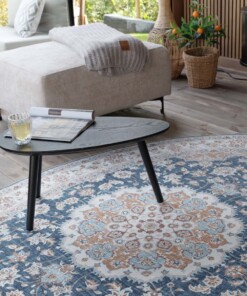 Oval outdoor rug vintage - Valenca Nova gold/blue - close up, thumbnail