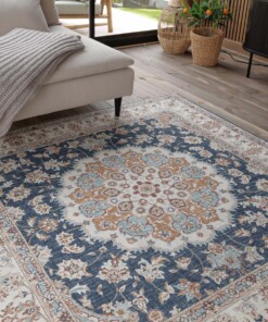 Square outdoor rug vintage - Valenca Nova gold/blue - close up, thumbnail