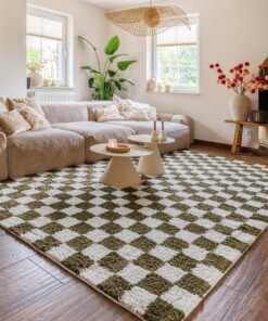 Checkerboard rug - Check ivory/olive green - sfeer