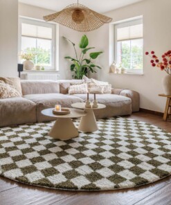 Round checkerboard rug - Check ivory/olive green - sfeer
