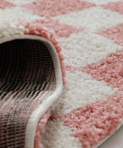 Round checkerboard rug - Check ivory/pink - close up, thumbnail
