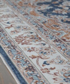 Square outdoor rug vintage - Valenca Nova gold/blue - close up, thumbnail